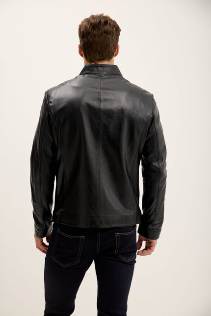 Men's Asymmetric Lambskin Motorcycle Jacket - Black | Ron Tomson