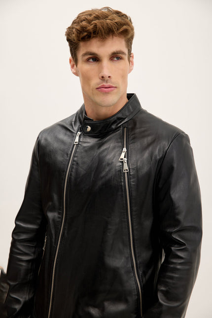 Men's Asymmetric Lambskin Motorcycle Jacket - Black | Ron Tomson
