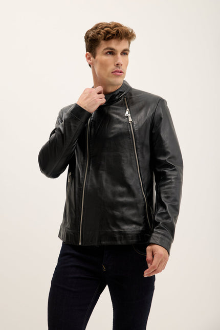 Men's Asymmetric Lambskin Motorcycle Jacket - Black | Ron Tomson