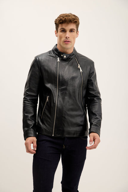 Men's Asymmetric Lambskin Motorcycle Jacket - Black | Ron Tomson