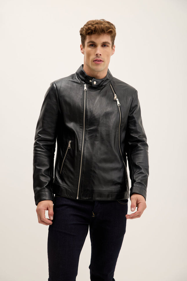 Men's Asymmetric Lambskin Motorcycle Jacket - Black | Ron Tomson
