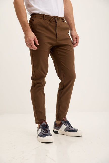 Men's Tapered Drawstring Travel Pants - Dark Brown | Ron Tomson