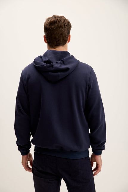 Men's Mixed-Media Zippered Hooded Jacket - Navy | Ron Tomson