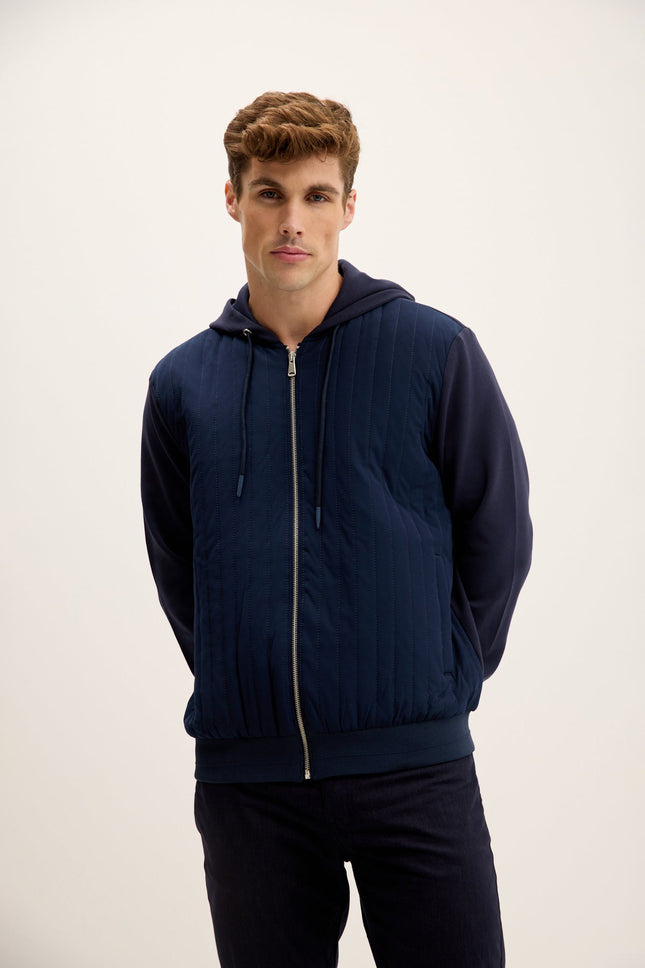 Men's Mixed-Media Zippered Hooded Jacket - Navy | Ron Tomson