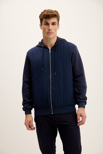 Men's Mixed-Media Zippered Hooded Jacket - Navy | Ron Tomson