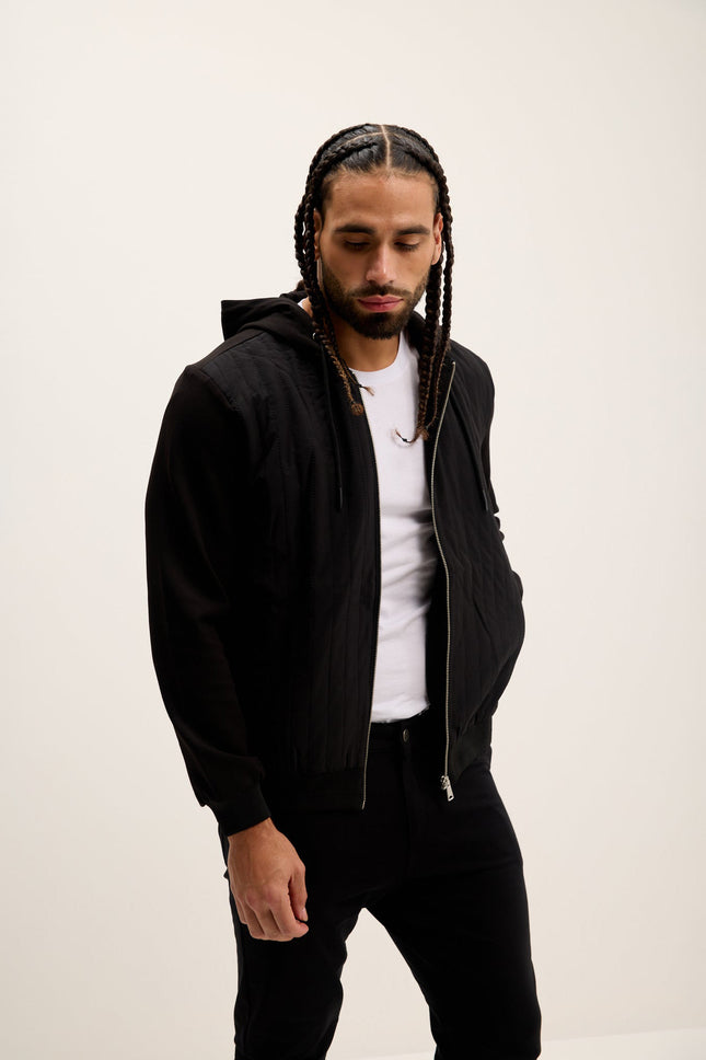 Men's Mixed-Media Zippered Hooded Jacket - Black | Ron Tomson