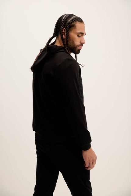 Men's Mixed-Media Zippered Hooded Jacket - Black | Ron Tomson