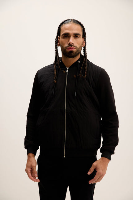 Men's Mixed-Media Zippered Hooded Jacket - Black | Ron Tomson