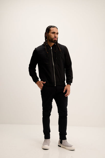 Men's Mixed-Media Zippered Hooded Jacket - Black | Ron Tomson