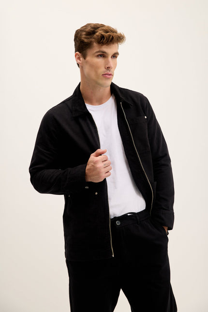 Men's Collared Cotton Canvas Chore Jacket - Black | Ron Tomson