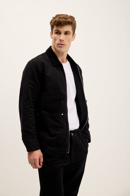 Men's Collared Cotton Canvas Chore Jacket - Black | Ron Tomson
