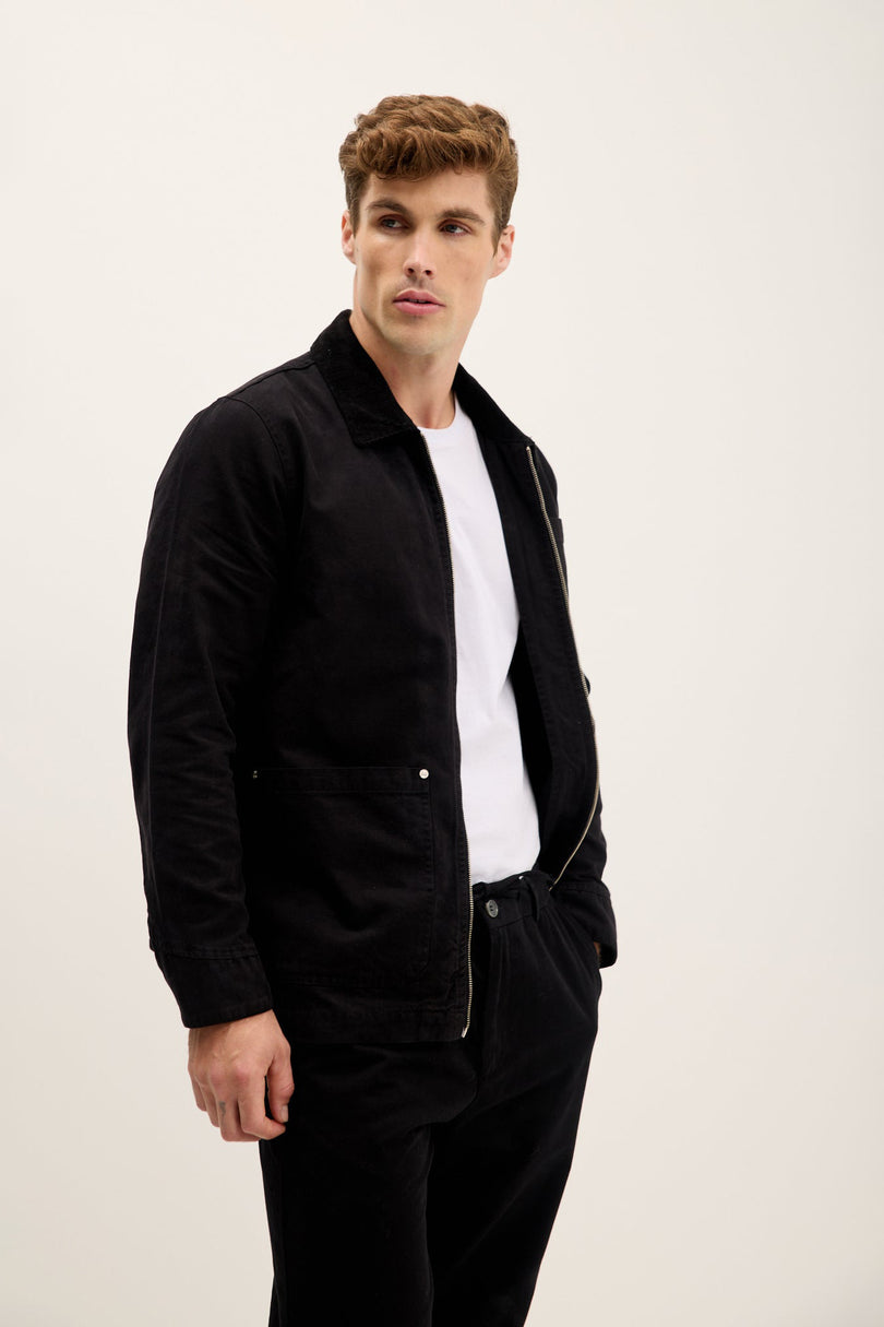 Men's Collared Cotton Canvas Chore Jacket - Black | Ron Tomson