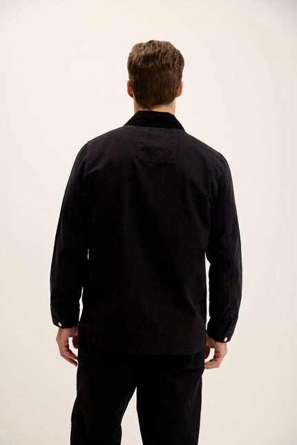 Men's Collared Cotton Canvas Chore Jacket - Black | Ron Tomson