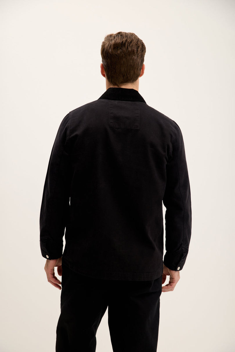 Men's Collared Cotton Canvas Chore Jacket - Black | Ron Tomson