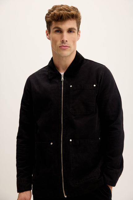 Men's Collared Cotton Canvas Chore Jacket - Black | Ron Tomson