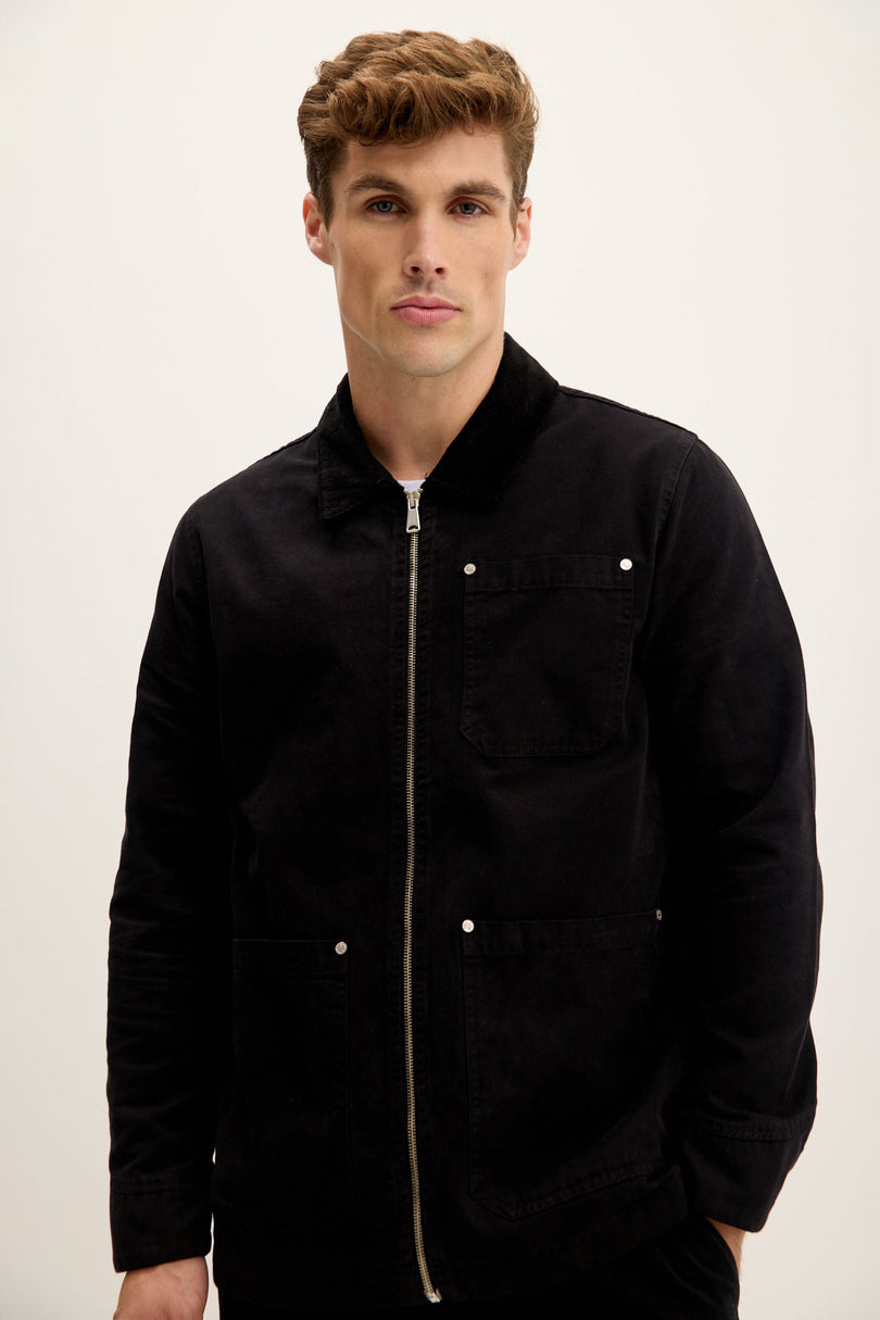 Men's Collared Cotton Canvas Chore Jacket - Black | Ron Tomson