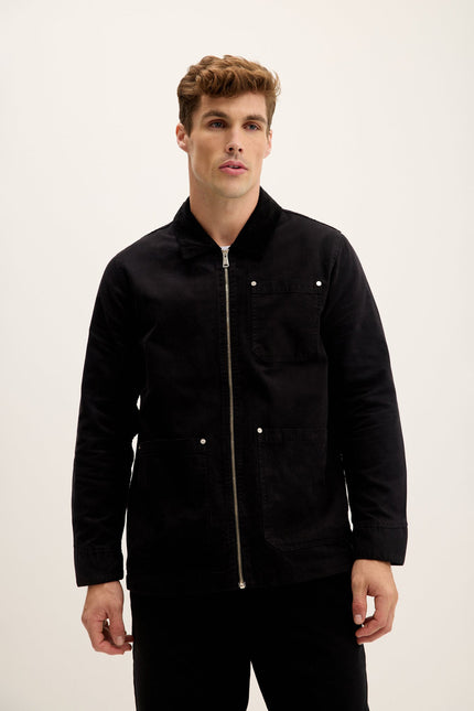 Men's Collared Cotton Canvas Chore Jacket - Black | Ron Tomson