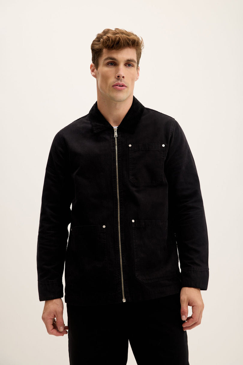 Men's Collared Cotton Canvas Chore Jacket - Black | Ron Tomson