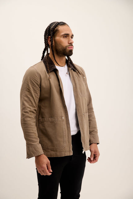 Men's Collared Cotton Chore Coat - Khaki | Ron Tomson