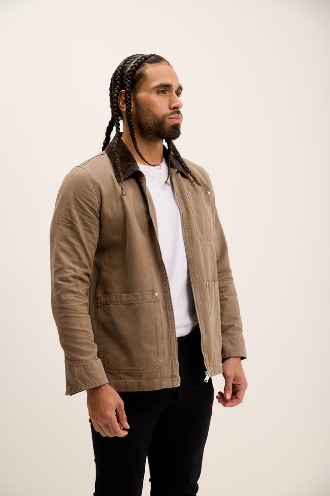 Men's Collared Cotton Chore Coat - Khaki | Ron Tomson