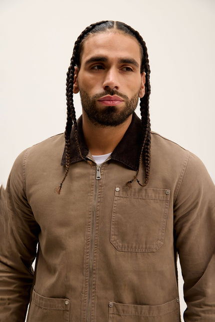 Men's Collared Cotton Chore Coat - Khaki | Ron Tomson