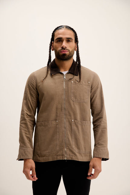 Men's Collared Cotton Chore Coat - Khaki | Ron Tomson