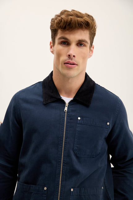Men's Collared Cotton-Canvas Chore Coat - Navy | Ron Tomson