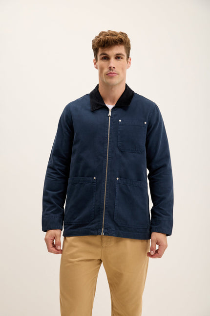 Men's Collared Cotton-Canvas Chore Coat - Navy | Ron Tomson