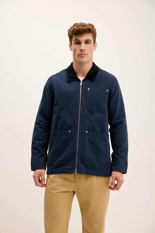 Men's Collared Cotton-Canvas Chore Coat - Navy | Ron Tomson