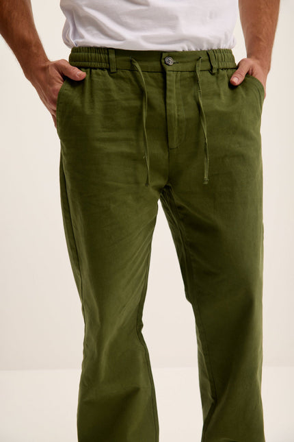 Men's Relaxed Drawstring Cotton Pants - Olive | Ron Tomson