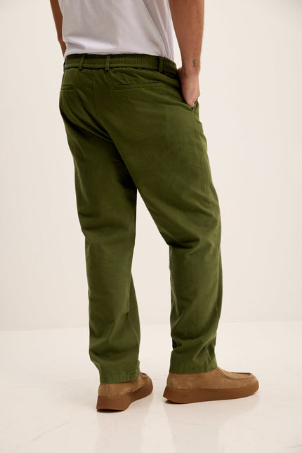 Men's Relaxed Drawstring Cotton Pants - Olive | Ron Tomson