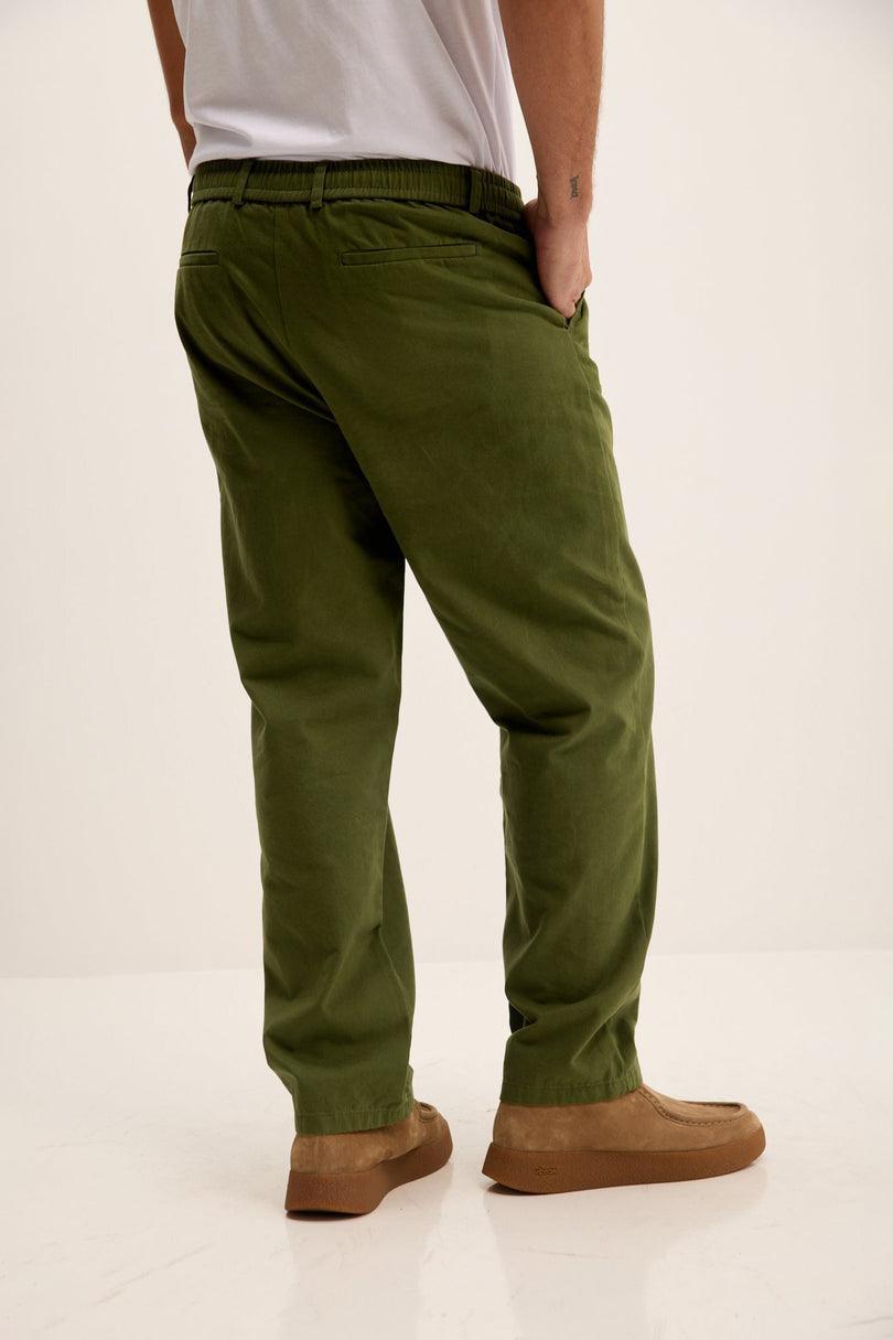 Men's Relaxed Drawstring Cotton Pants - Olive | Ron Tomson