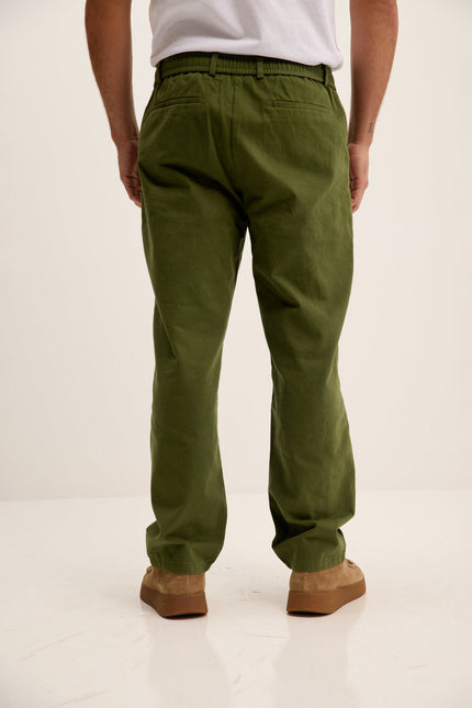 Men's Relaxed Drawstring Cotton Pants - Olive | Ron Tomson