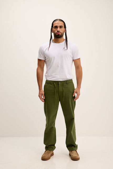 Men's Relaxed Drawstring Cotton Pants - Olive | Ron Tomson