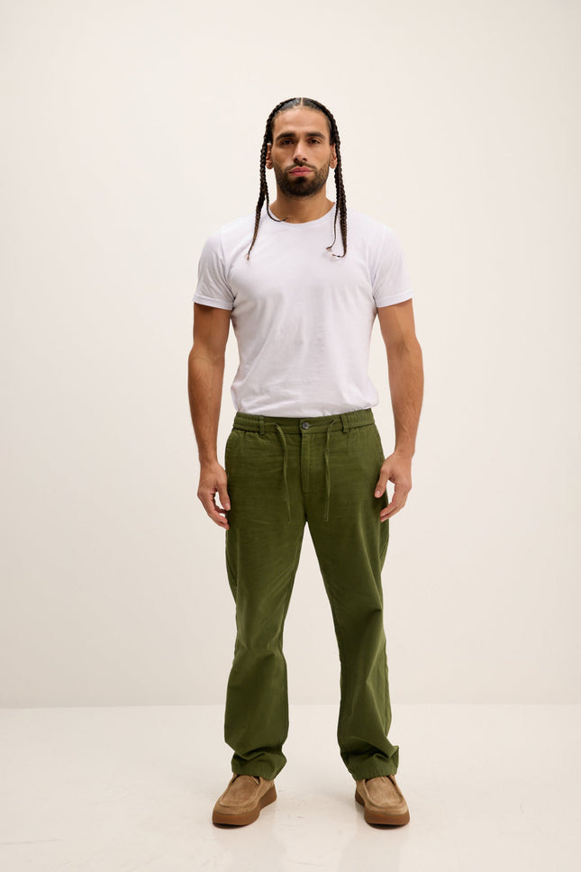 Men's Relaxed Drawstring Cotton Pants - Olive | Ron Tomson