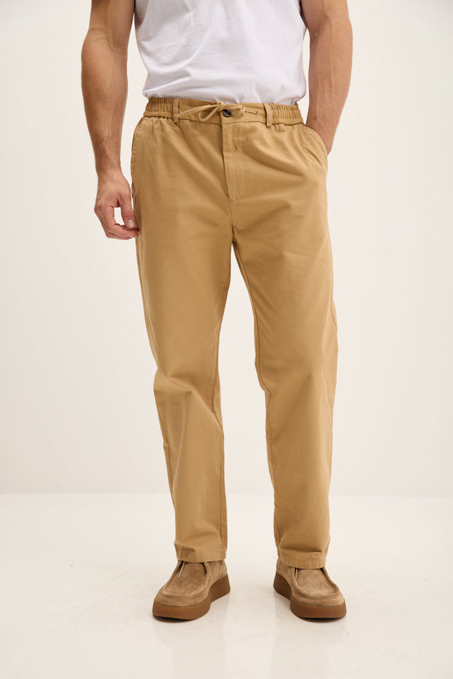 Men's Relaxed Cotton Drawstring Pants - Camel | Ron Tomson
