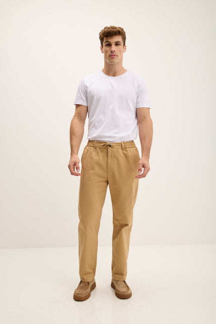 Men's Relaxed Cotton Drawstring Pants - Camel | Ron Tomson