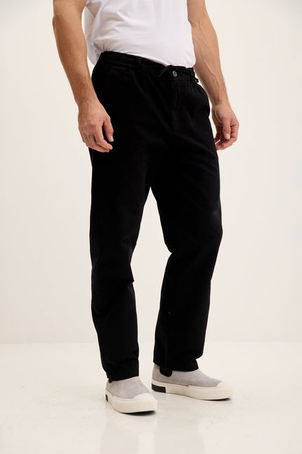 Men's Relaxed Drawstring Cotton Pants - Black | Ron Tomson