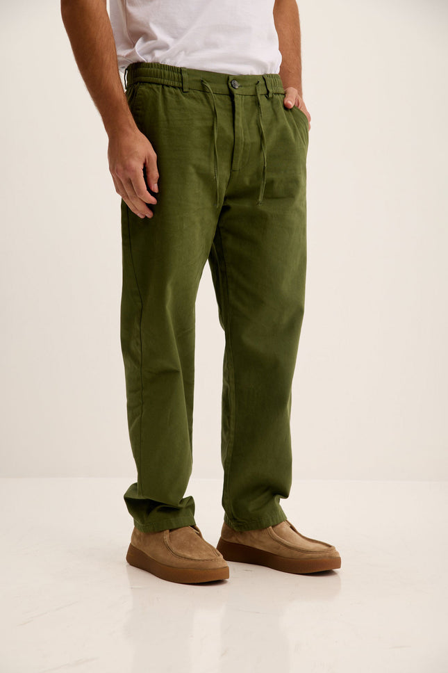 Men's Relaxed Drawstring Cotton Pants - Olive | Ron Tomson