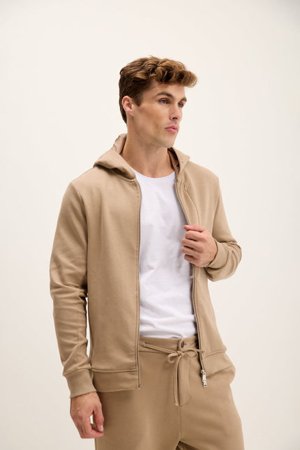 Men's Hooded Double-Zip Hoodie - Beige | Ron Tomson