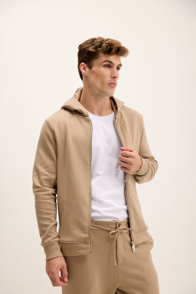 Men's Hooded Double-Zip Hoodie - Beige | Ron Tomson