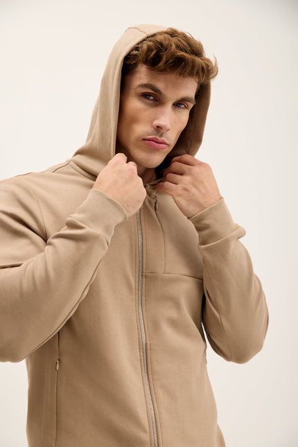 Men's Hooded Double-Zip Hoodie - Beige | Ron Tomson