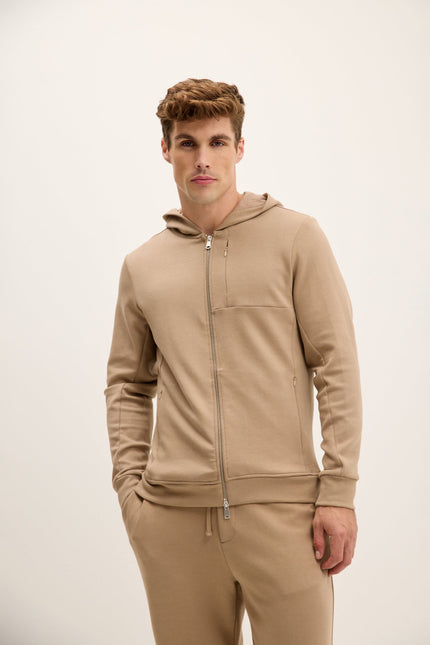 Men's Hooded Double-Zip Hoodie - Beige | Ron Tomson