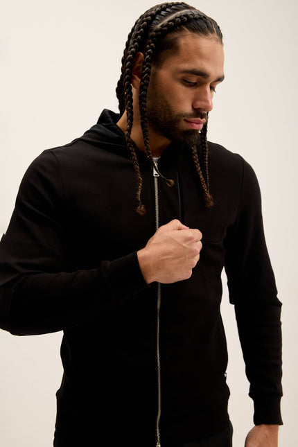 Men's Hooded Double Zipper Jacket - Black | Ron Tomson