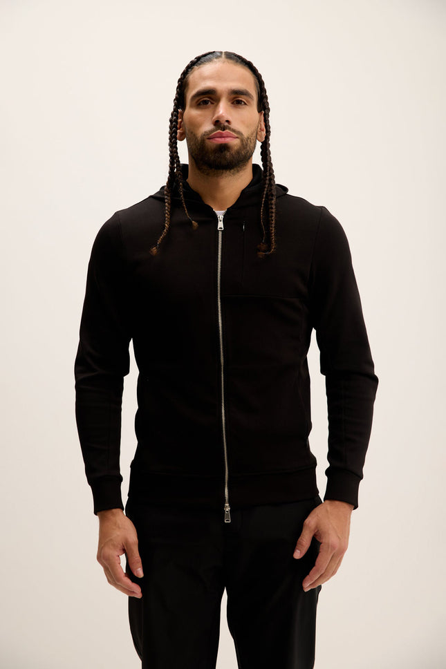 Men's Hooded Double Zipper Jacket - Black | Ron Tomson