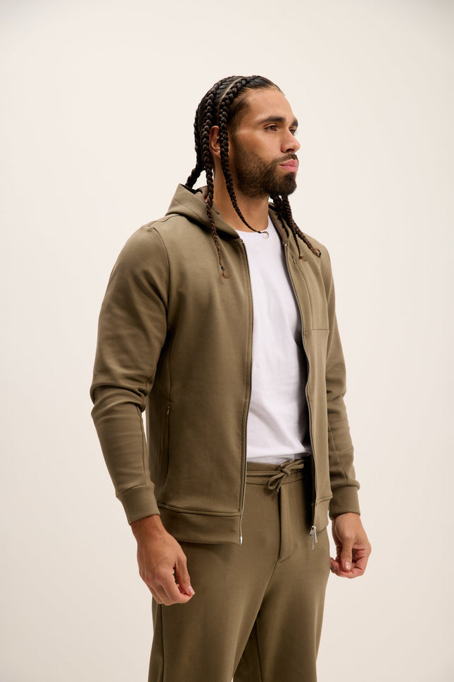 Men's Cotton Double Zipper Hoodie - Green | Ron Tomson