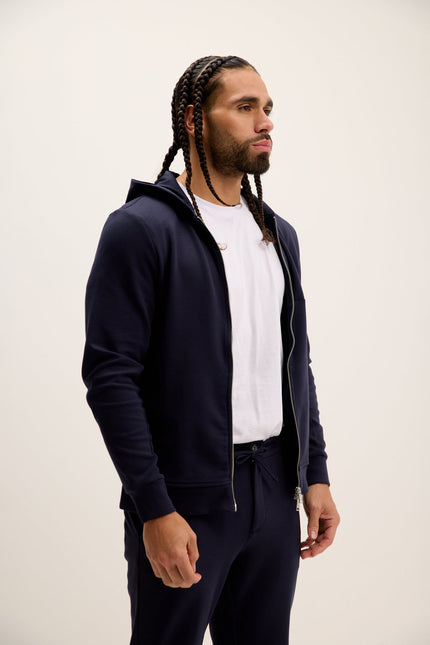 Men's Double Zipper Hooded Jacket - Navy | Ron Tomson
