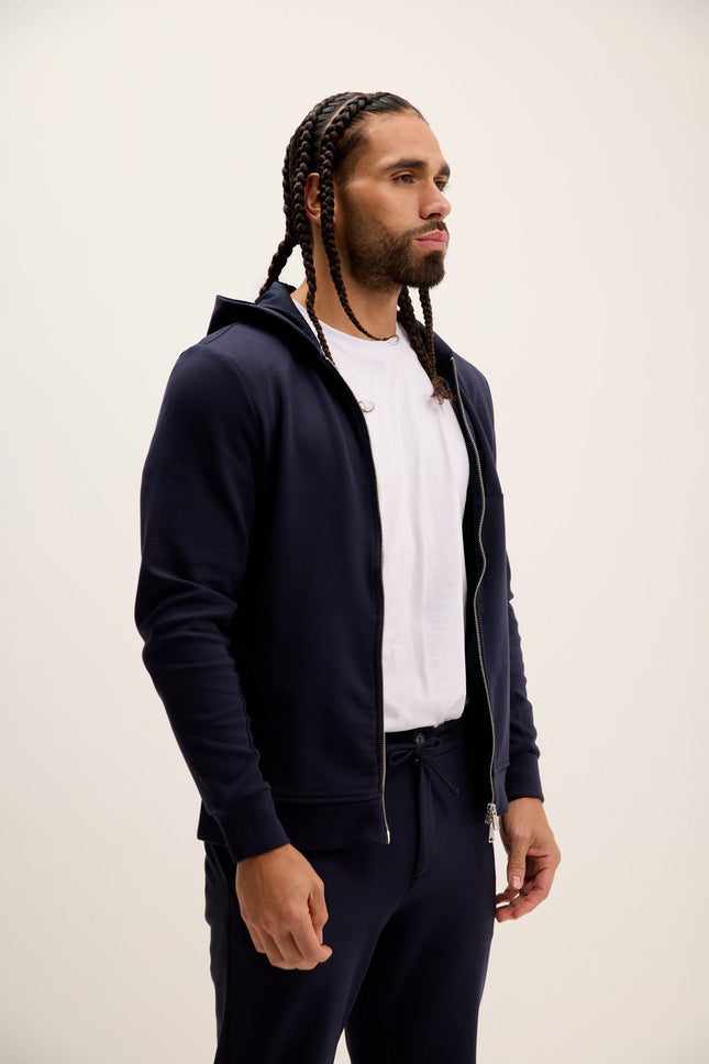 Men's Double Zipper Hooded Jacket - Navy | Ron Tomson