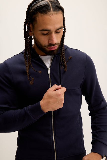Men's Double Zipper Hooded Jacket - Navy | Ron Tomson