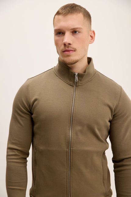 Men's Cotton Double Zip Trainer Jacket - Olive | Ron Tomson